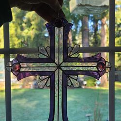Beautiful Vintage Stained Glass Cross Suncatcher 