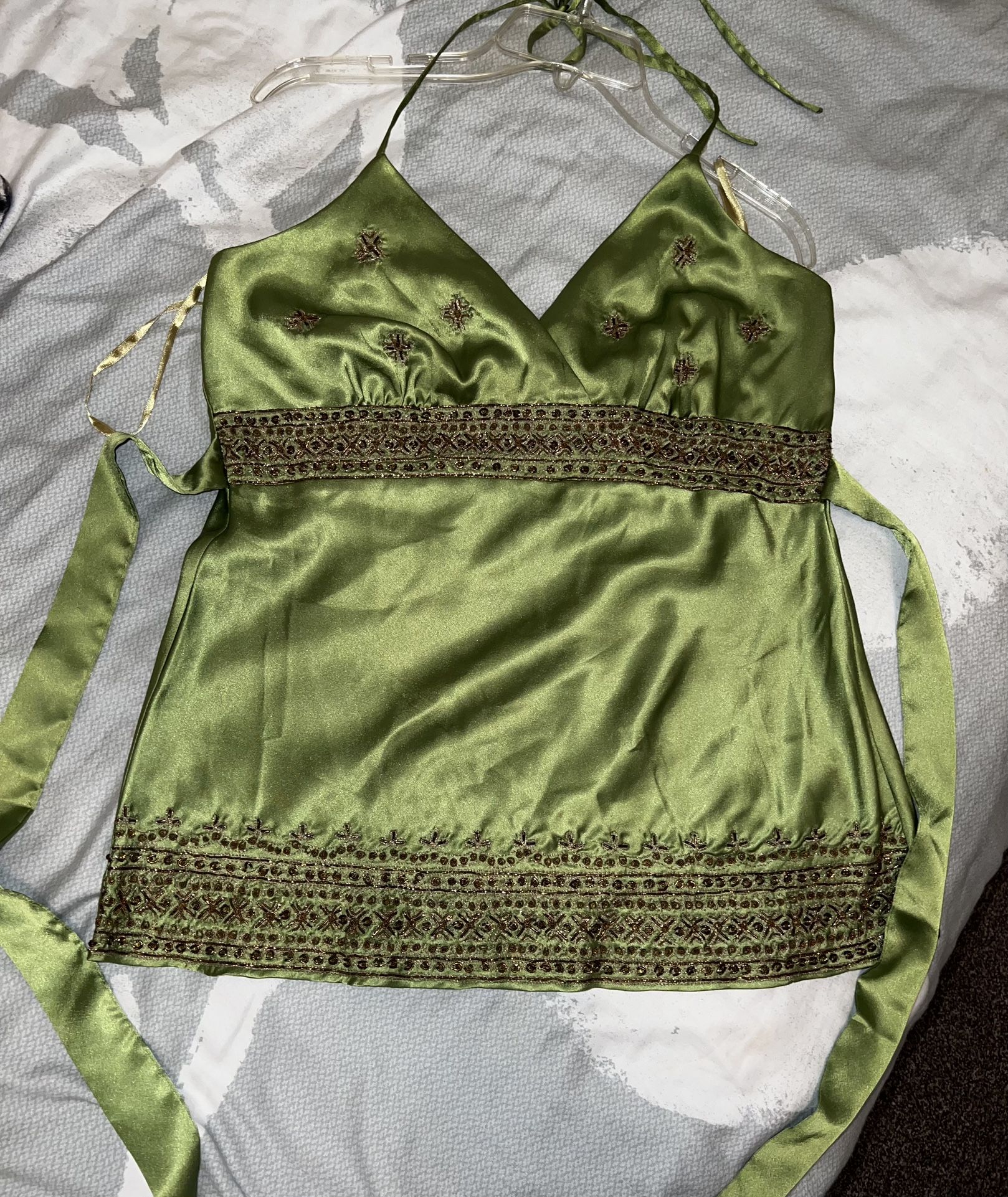 Arden B LUXE (NWT) Boho Halter Top Size L Beaded Stunning Green Satin Blouse