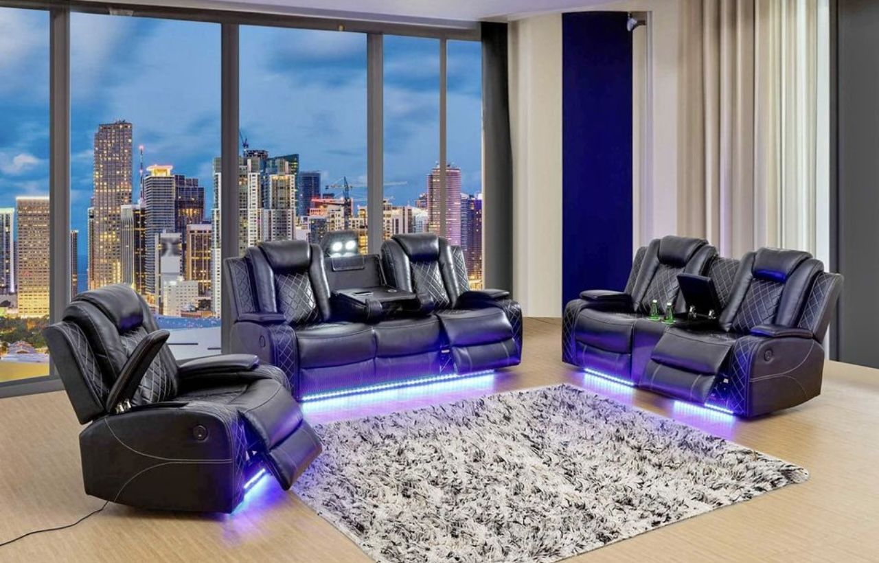 Power Electric Black Leather Fully Reclining Couch Set