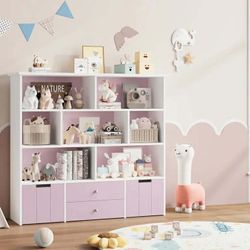 Kids Bookcase Toy Storage Organizer, Wood Toy Cabinet of 7 Cubes & 4 Drawers, Bookshelf for Kids Room, Pink