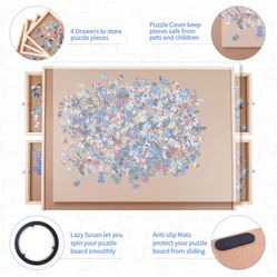 WOOD CITY Puzzle Board, 1000 Piece Wooden Jigsaw Puzzle Board with Drawers, 30” x 22” Portable Puzzle Table with Covers and Lazy Susan, Rotating Jigsa