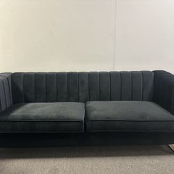 Modern Black Velvet Channel Tufted Sofa with Gold Metal Frame