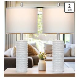 27”Farmhouse Ceramic Table Lamp Set of 2 – White Touch Bedside Lamps with USB Port