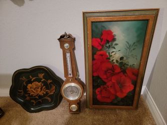 Vintage hand painted Pedastal toleware tray red Poppy flowers mid Century wall art print frame