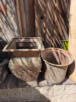 Embossed Copper Tone Metal Planters Set of 2