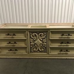 Solid wood carvings, marble top dresser, two night stands, and headboard-PRICE REDUCED