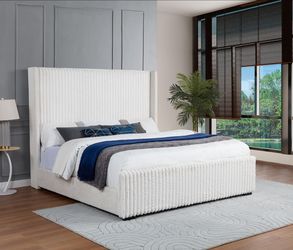 White Upholstered Bed Frame with Wingback Headboard New in Box
