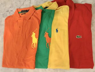 Polo Shirts. Authentic Fontainebleau Area. Orange & Green Size “M”. Yellow “L” Red Lacoste XL. 