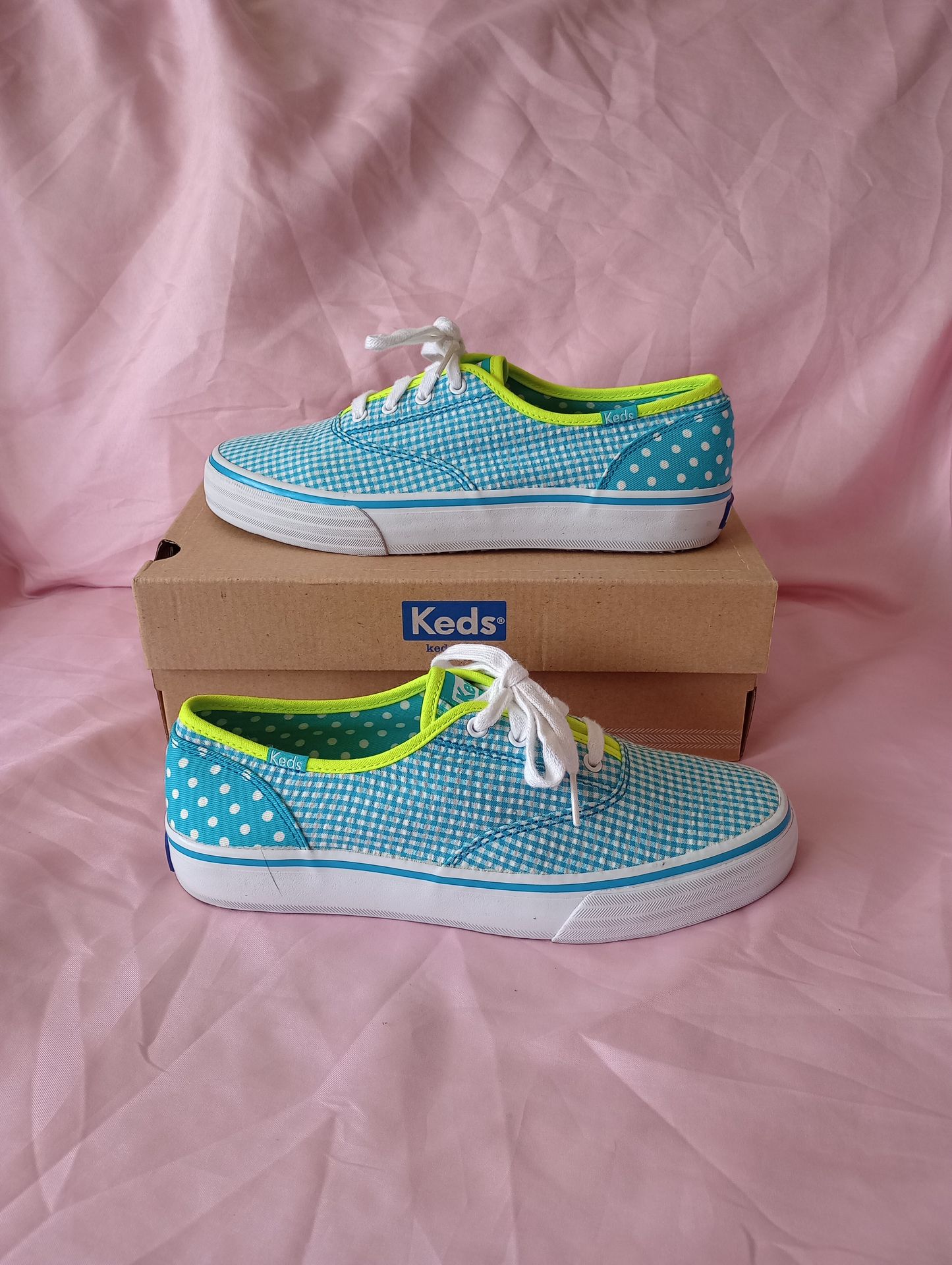 Keds Original Sneakers Lace Up Blue/Aqua Gingham/Polka Dot Shoes Womens Sz 7