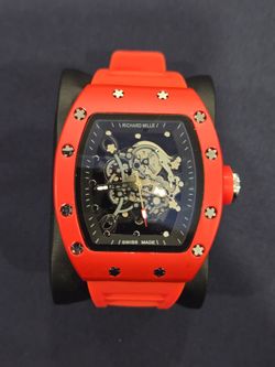 Mens Luxury White Stainless Steel Watch Red Color Dial Rubber Bracelet - RM