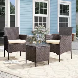 Brand New  3-Pieces Patio Furniture PE Rattan Outdoor Conversation Set w/Table Backyard Garden Set with Beige Cushion，$90