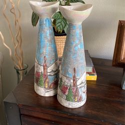 Artist Signed Winter Scene Vases Or Candle Holders - Pair