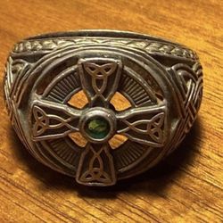 STERLING CELTIC CROSS Ring Vintage 925 Silver-Gold Accent-Green Emerald-Franklin Mint - RARE