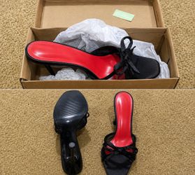 Black Satin Heeled Mule Sandals with Red Sole