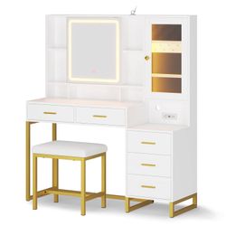 LED Makeup Vanity Set with Upholstered Stool White
