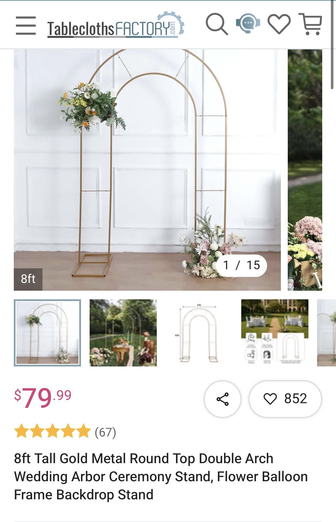 TWO METAL ARCHES 8ft Tall Gold Metal Round Top Double Arch Wedding Arbor Ceremony Stand, Flower Balloon Frame Backdrop Stand ×  2 of 3