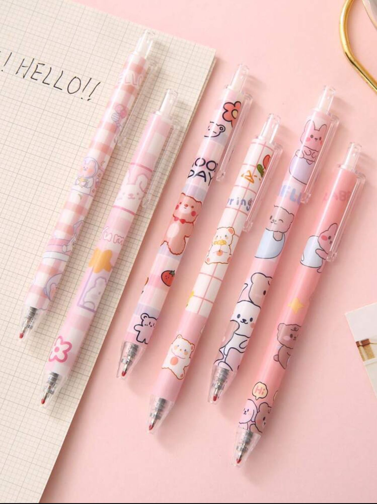 6pcs Cartoon Bear Pattern Press Type Ballpoint Pen, Cute Multi-purpose Writing Pen For Office, Student
