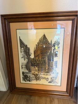 framed, vintage hand-tinted by artist titled "Rue du Fort, Québec"