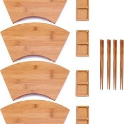 New Set of 4 Bamboo Sushi Plates Trays Chopsticks Compartment Sauce Dish, 11.6" Fan