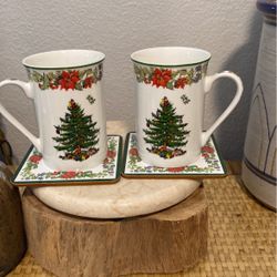 Spodes Christmas Tree /Poinsettia Cups And Coaster Set