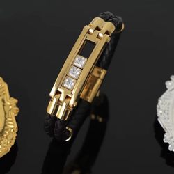 Double Braided Stainless Steel Polished Finish Elegant Leather Bracelet with 6mm Mossan Diamonds Inlay