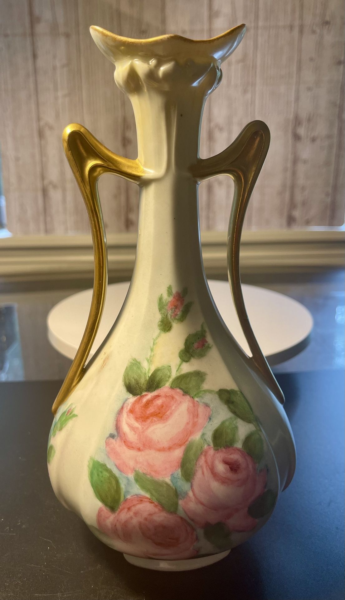 Lefton Japan Vintage 50’s Green Heritage Rose 4072 Hand Painted Two Handled Vase
