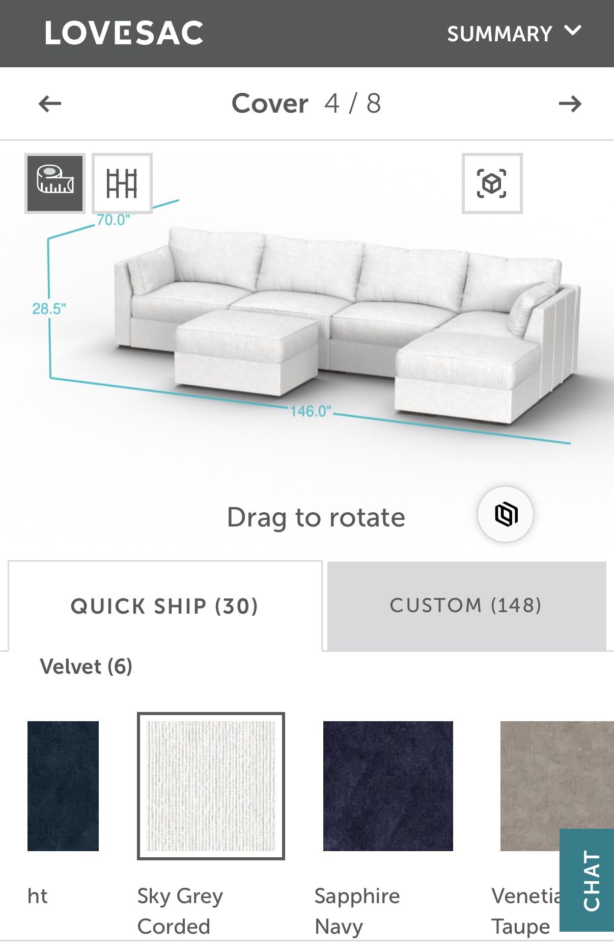 Lovesac Sky grey corded velvet - 6 seat/sides- New Sealed