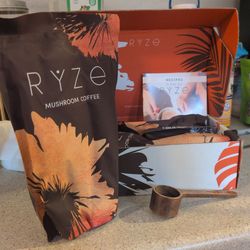 Ryze Mushroom Coffee Package: 3 x bags of mushroom coffee, recipe book, and scoop