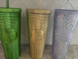 Starbucks Venti 2022 Holiday Gold Edition, Metalic Green Studded cups & Iridescent Diamond Jeweled Cold Cup