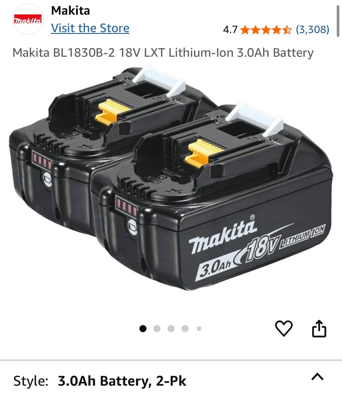 Makita BL1830B-2 18V LXT Lithium-Ion 3.0Ah Battery