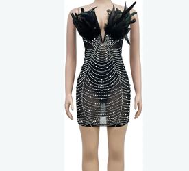 Black Rhinestone Mini Dress with Feather Detail