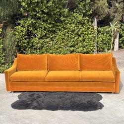 Mid-Century Modern Tuxedo Sofa – 1960s Gold Velvet Couch
