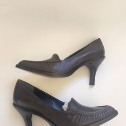 BCBG  Max Azria Brown Leather Loafer Heels  -Size 7.5 