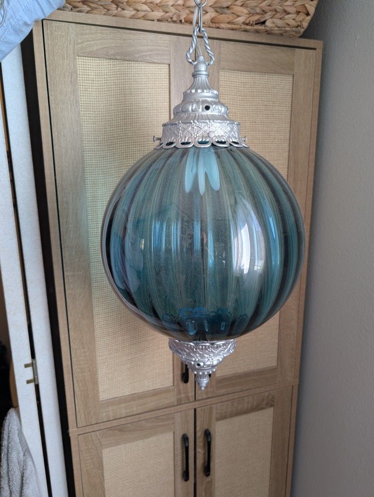 Vintage Blue Ribbed Glass Swung Vase