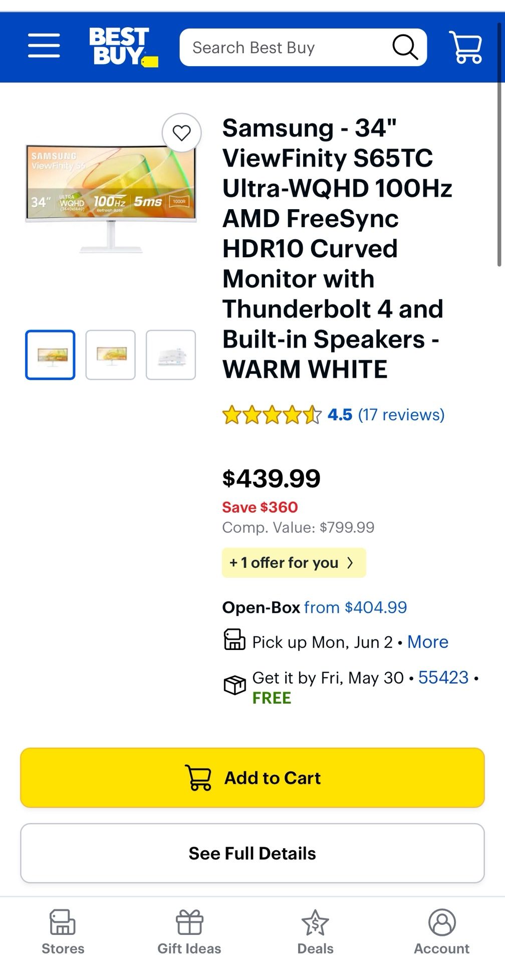 Samsung 34” Curved WQHD Display (w/ Built In Thunderbolt 4 Dock)