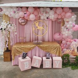 Draping——tent—-chairs—-tablecloth—-balloons——backdrop