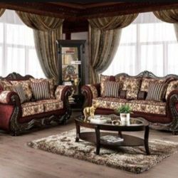 🔥PACKAGE DEAL 🔥 Brand New Elegant Burgundy, Brown Sofa And Love Seat And 3pc Coffee Table Set 
