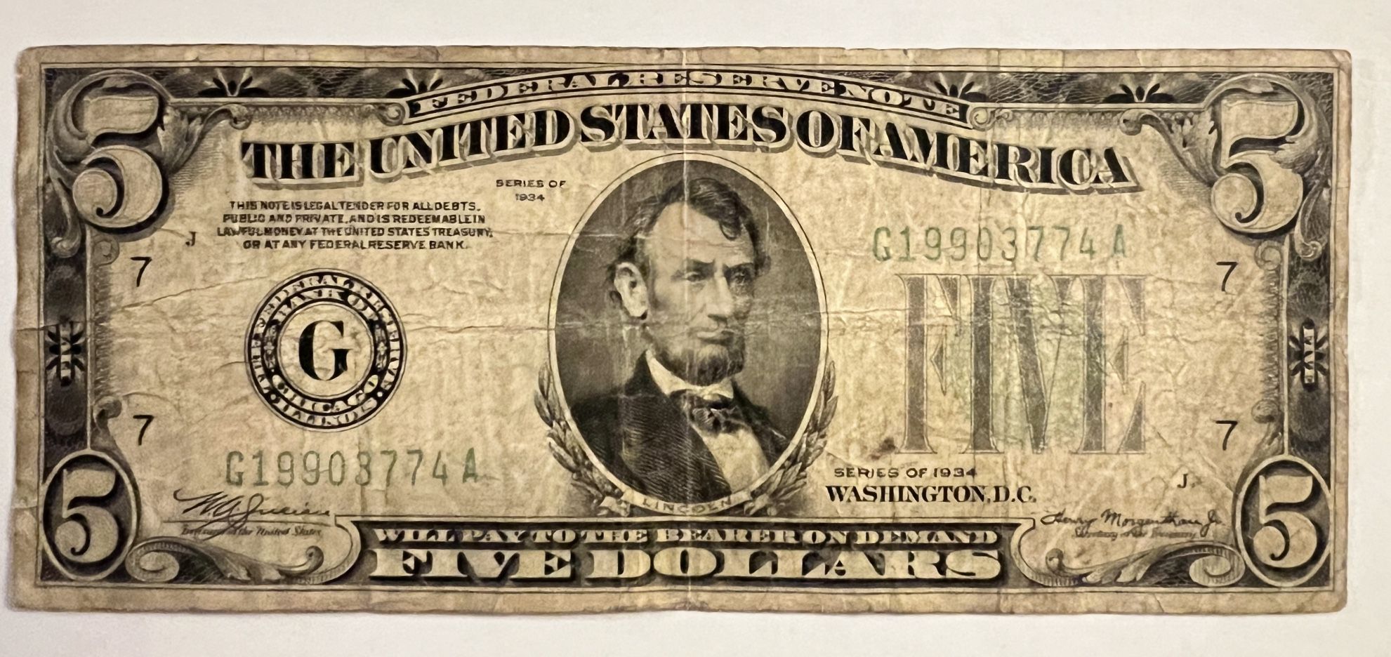 1934 USA $5 Federal Reserve Note - Washington DC Mint