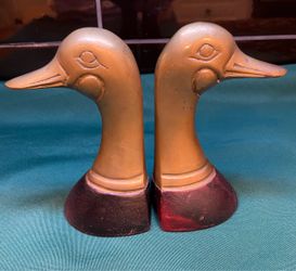 Antique beautiful solid brass mallard/duck bookends with solid wood base