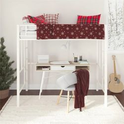 Metal Twin Loft Bed Frame with Stairs & Full-Length Guardrail, Space-Saving, Juniors and Adults, Noise Free, Off White
