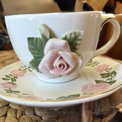 Retro Porcelain Teleflora Teacup & Saucer with Pink 3D Rose Trim Gold