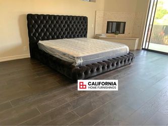 Queen Black/ Gray velvet Platform bed frame new in box 