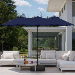 15ft Patio Umbrella with Base,Large Outdoor Double-Sided Rectangle Umbrella with Crank Handle, Market Umbrella for Poolside Garden Deck Backyard Beach