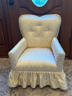 Title: Vintage Child’s Sweetheart Armchair – Cream & Gold Damask (31"H)