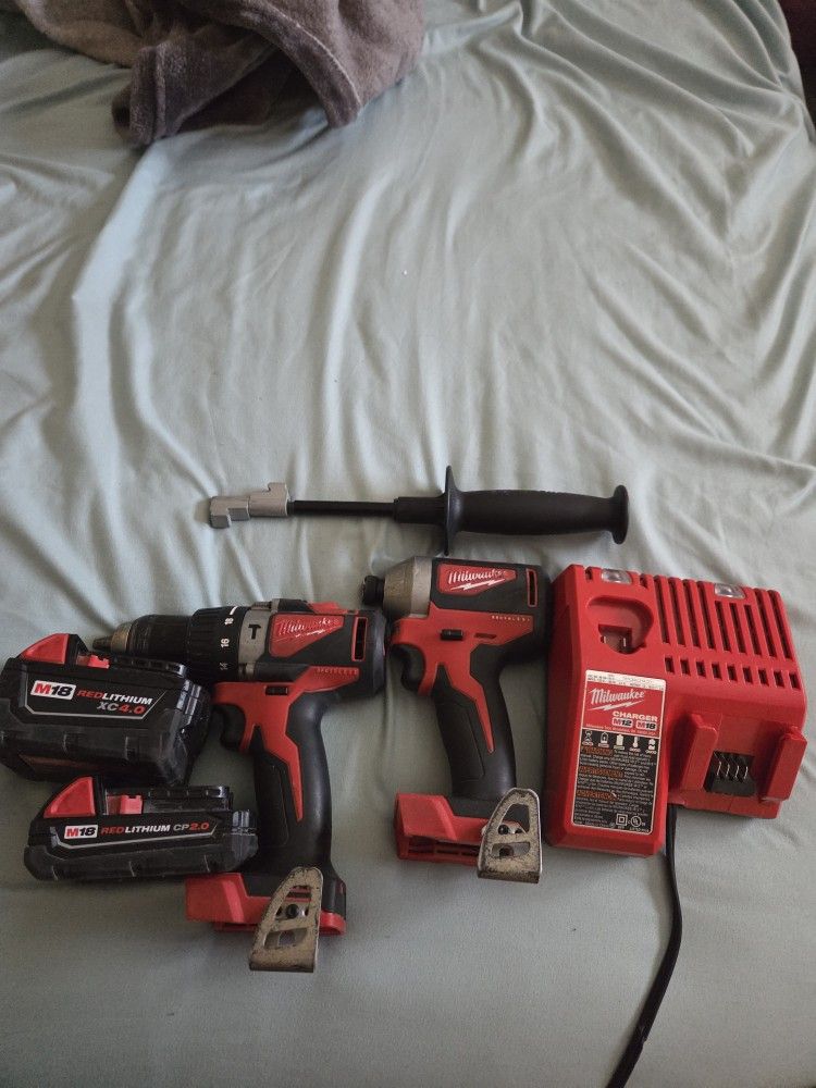 Milwaukee Brushless Drill, Impact, Charger, Two Batteries