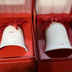 Hallmark porcelain bells set of 2 Christmas ornaments 2007 2008 w/ Satin box