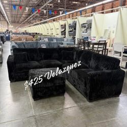 ✅️✅️4 pc black corduroy fabric upholstered sectional sofa with ottoman✅️✅️