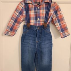 Oshkosh Baby Boys Long Sleeve Bodysuit and denim jean with suspenders