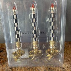 Mackenzie Childs NWT Glass Courtly Check Set If 3 Clip On Glass Candle Ornaments 