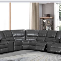 HUGE GRAY OR BLACK LEATHER GEL SECTIONAL WITH 3 RECLINERS AND 5 YEAR WARRANTY. 